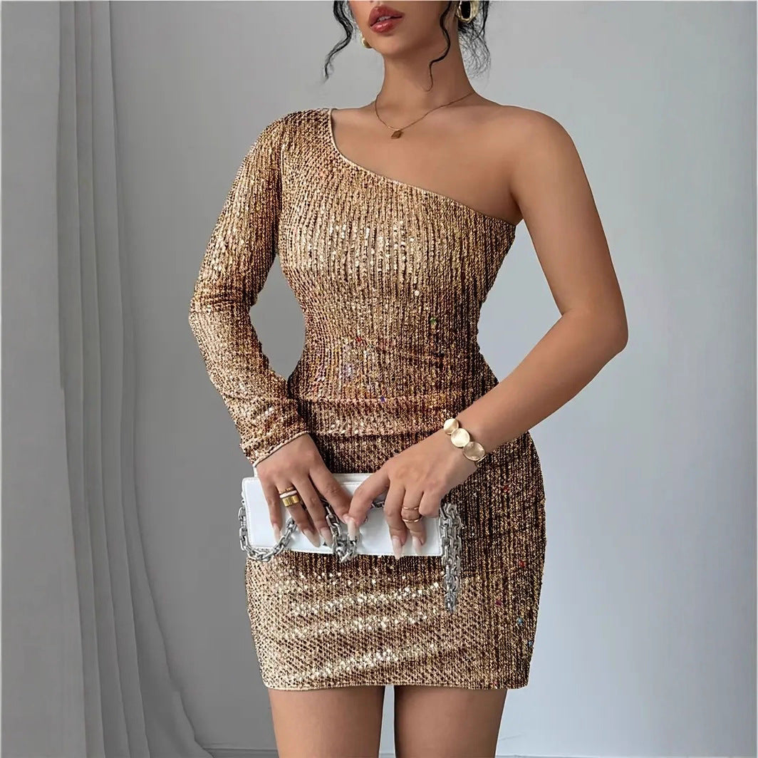 Damen Glitzerndes Cocktailkleid mit asymmetrischem Träger und Raffungen Selmira