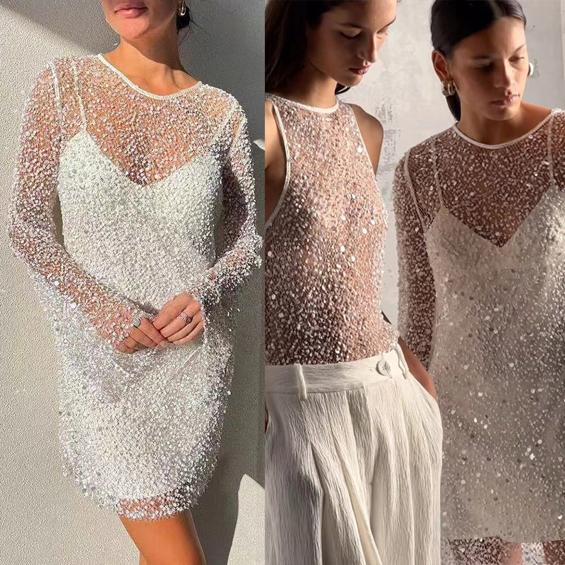Damen Glitzerndes Cocktailkleid mit schimmernden Pailletten und langen Ärmeln Selmira