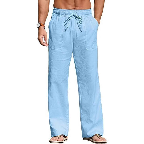 Herren nan leichte Leinenhose mit elastischem Bund, Kordelzug und aufgesetzten Taschen