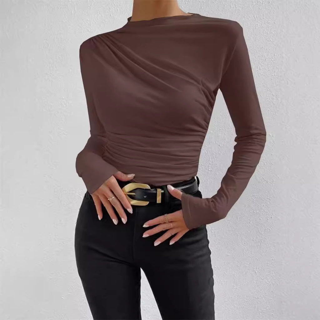 Damen nan gerafftes Langarmshirt mit asymmetrischem U-Boot-Ausschnitt und figurbetonter Silhouette