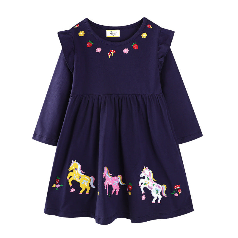 Mädchen Freizeitkleid mit buntem Einhorn-Design und floralen Applikationen