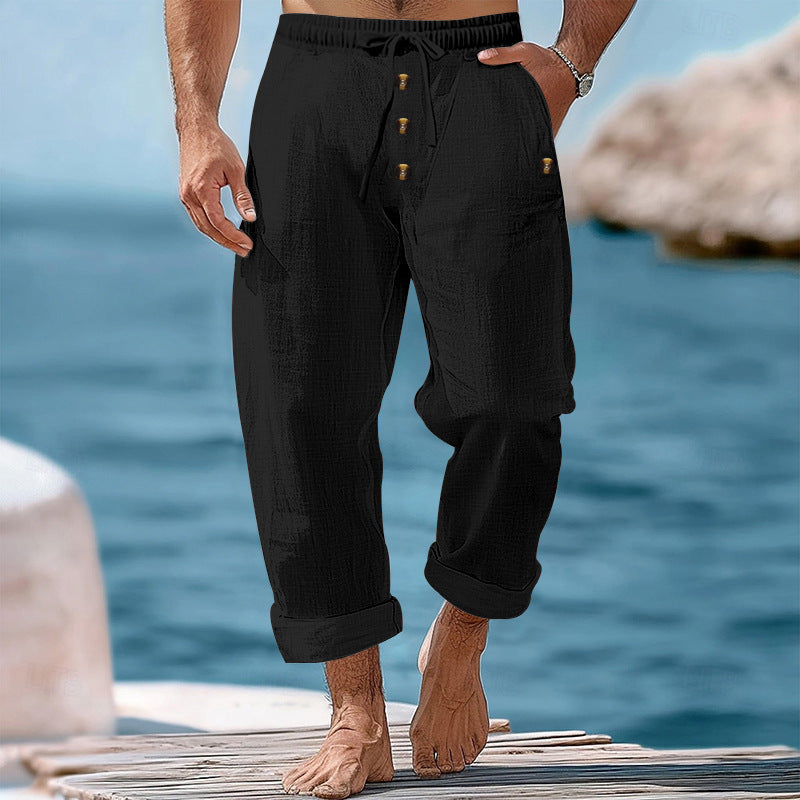 Herren nan lässige atmungsaktive Leinenhose mit Kordelzug Knopfleiste und aufgerollten Bündchen