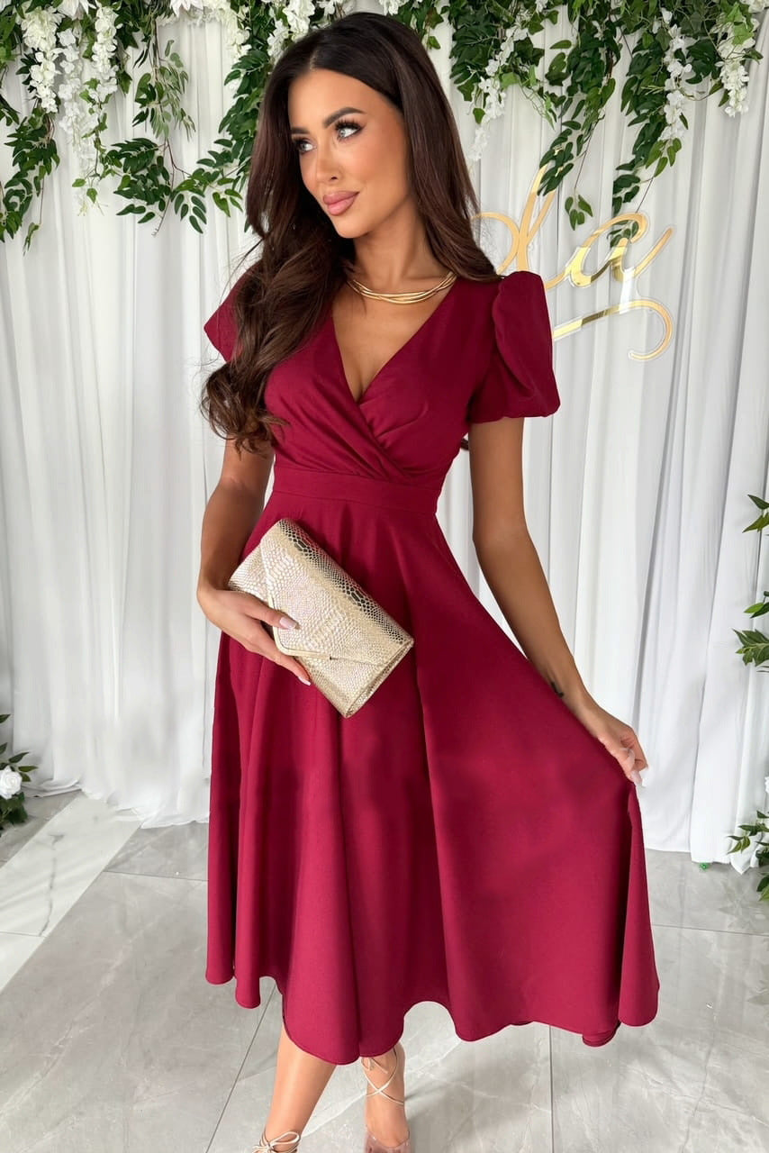 Damen A-Linie Kleid mit Puffärmeln und schmalem V-Ausschnitt Selmira