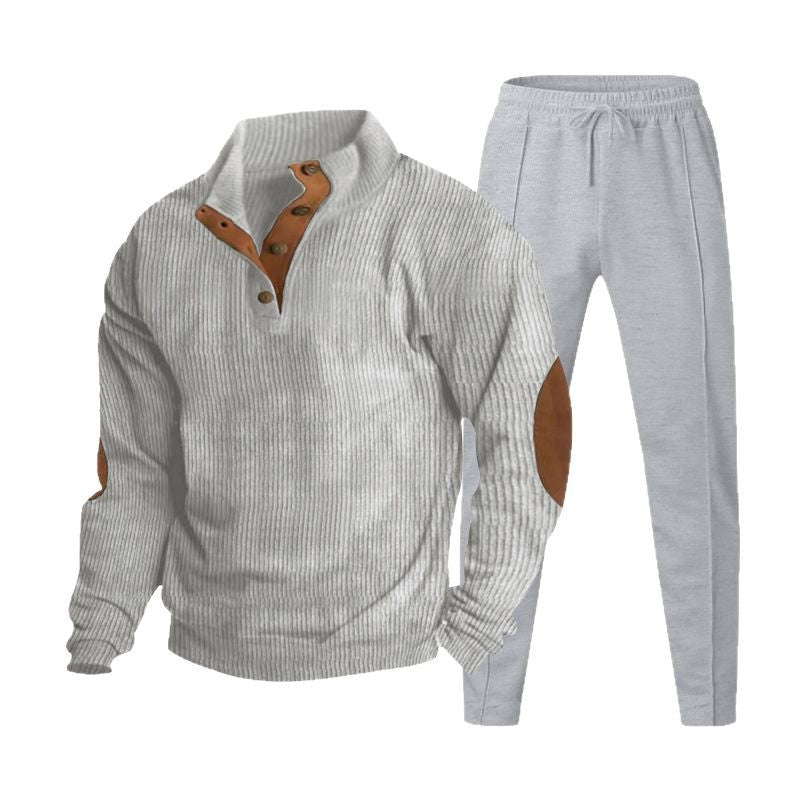 Herren nan strukturiertes Strick-Loungewear-Set mit halber Knopfleiste, kontrastreichen Ellbogenpatches und elastischem Tunnelzug-Jogger