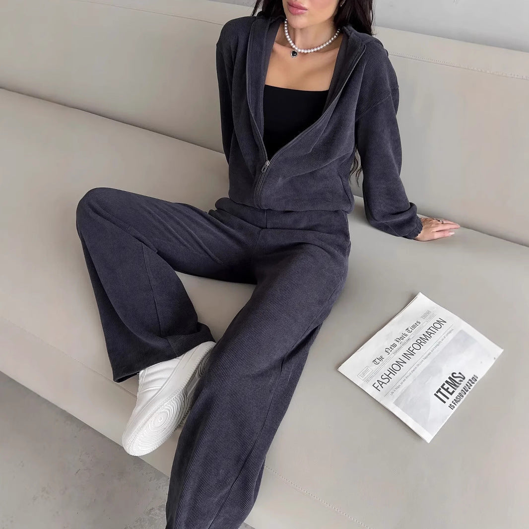 Damen nan kurzes Kapuzen-Loungewear-Set mit durchgehendem Reißverschluss, elastischem Komfortbund und gerippter Struktur