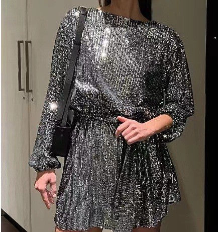 Damen Glamouröses Cocktailkleid mit funkelnden Lurex-Fäden und elastischem Taillengürtel Selmira