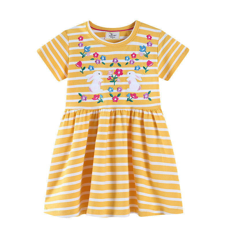 Mädchen Freizeitkleid mit gestreiftem Design und niedlichen Hasenapplikationen