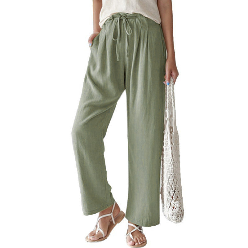 Damen nan lässige Leinenhose mit weitem Bein, elastischem Bund und Seitentaschen
