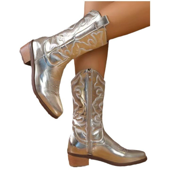 Damen nan Cowboystiefel mit mittelhohem Blockabsatz und seitlichem Reißverschluss