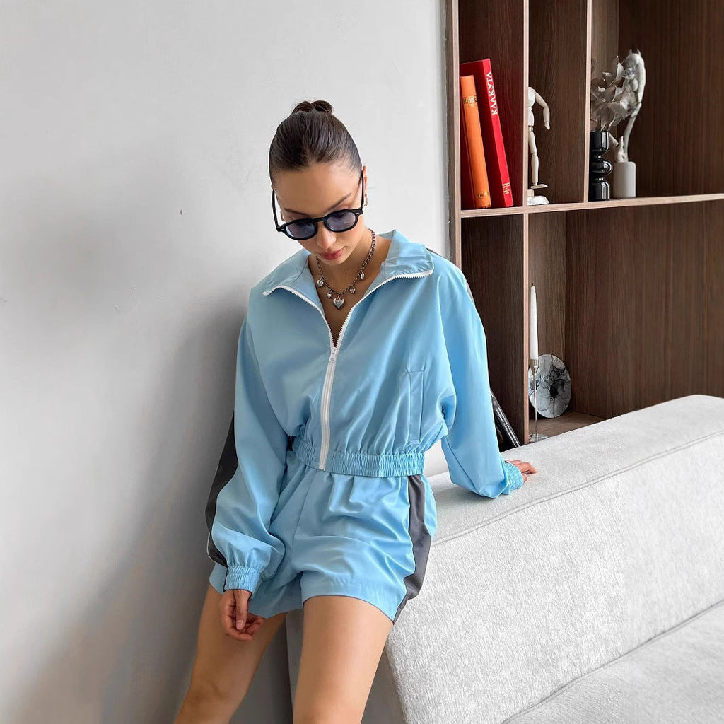 Damen nan kurzes Sport-Trackset mit Crop-Zip Jacke und elastischer Highwaist-Shorts