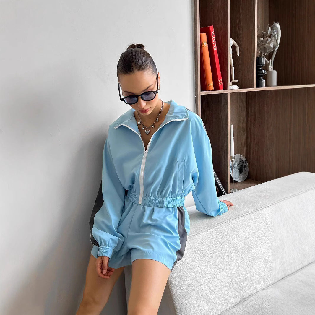 Damen nan kurzes Sport-Trackset mit Crop-Zip Jacke und elastischer Highwaist-Shorts