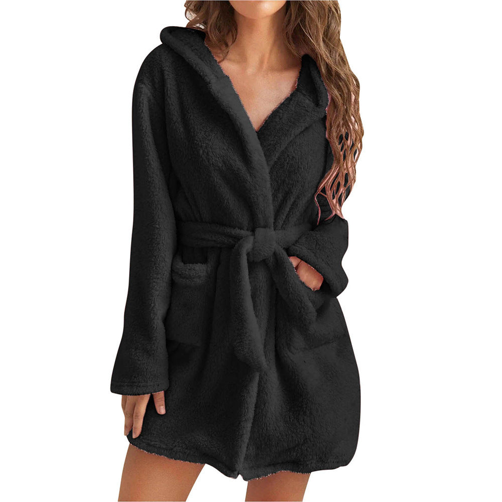 Damen Fleece Bademantel mit Kapuze und Gürtel Selmira