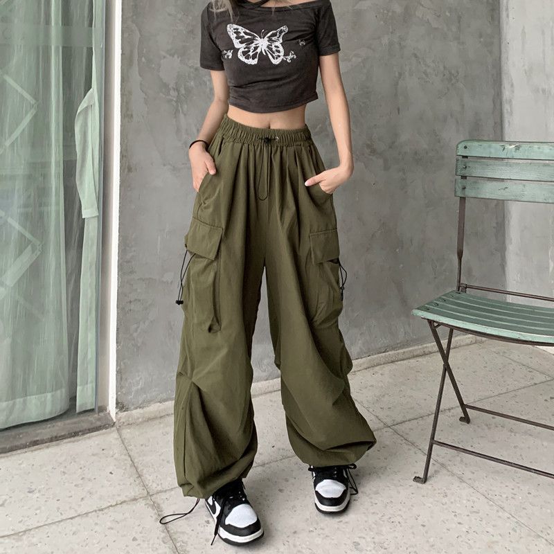 Damen nan weite Cargo-Hose mit Tunnelzugbund, verstellbarem Saum und Mehrfachtaschen