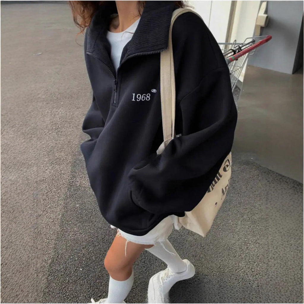 Damen nan oversized Halbzip-Sweatshirt mit hohem Stehkragen, Kängurutasche und lässigem Oversize-Schnitt
