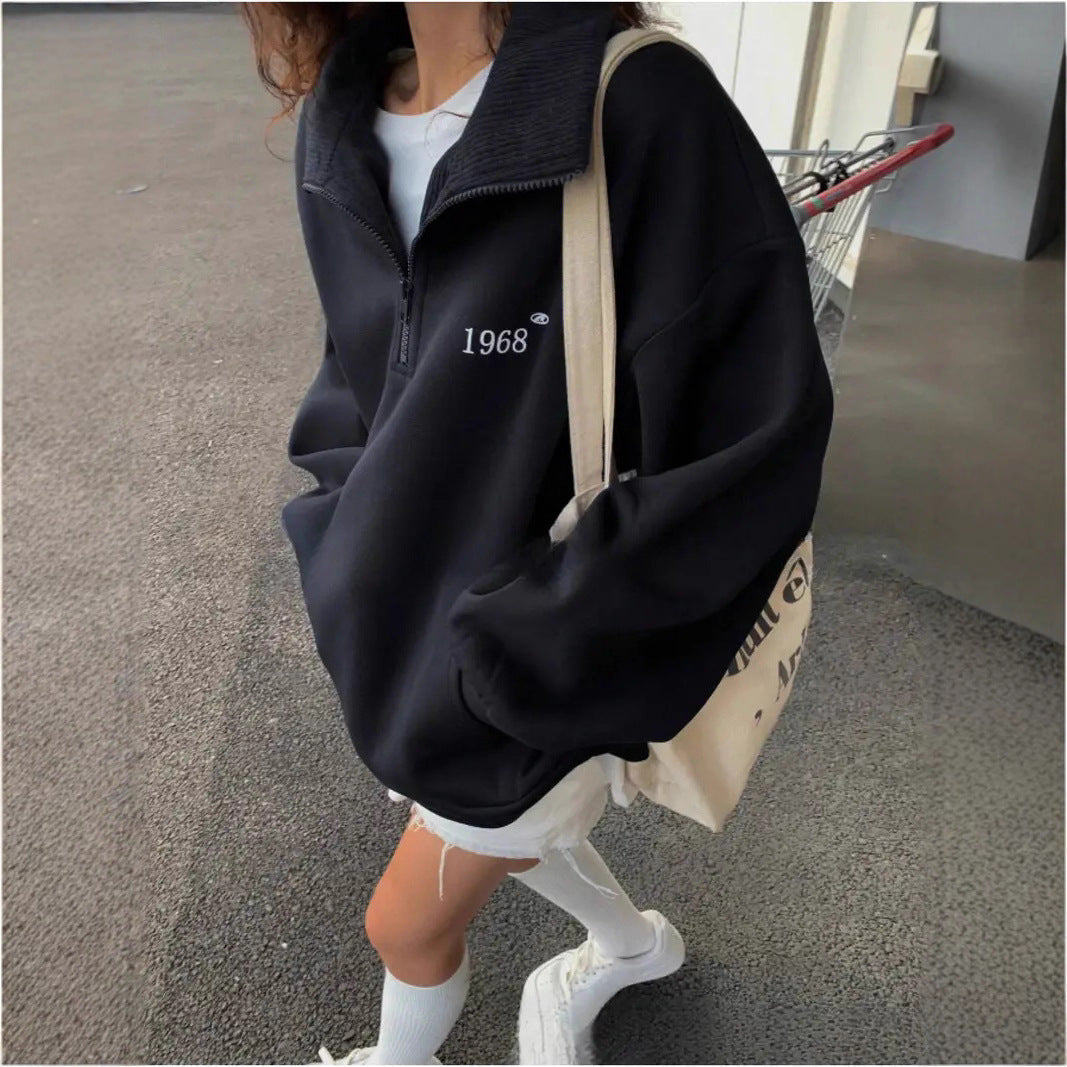 Damen nan oversized Halbzip-Sweatshirt mit hohem Stehkragen, Kängurutasche und lässigem Oversize-Schnitt