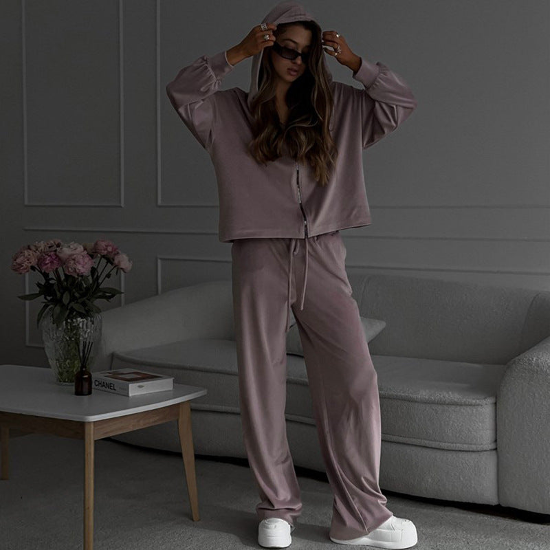 Damen nan luxuriöses Velours-Zweiteiler Set mit kurzem Reißverschluss-Hoodie und weiten Highwaist-Loungehosen