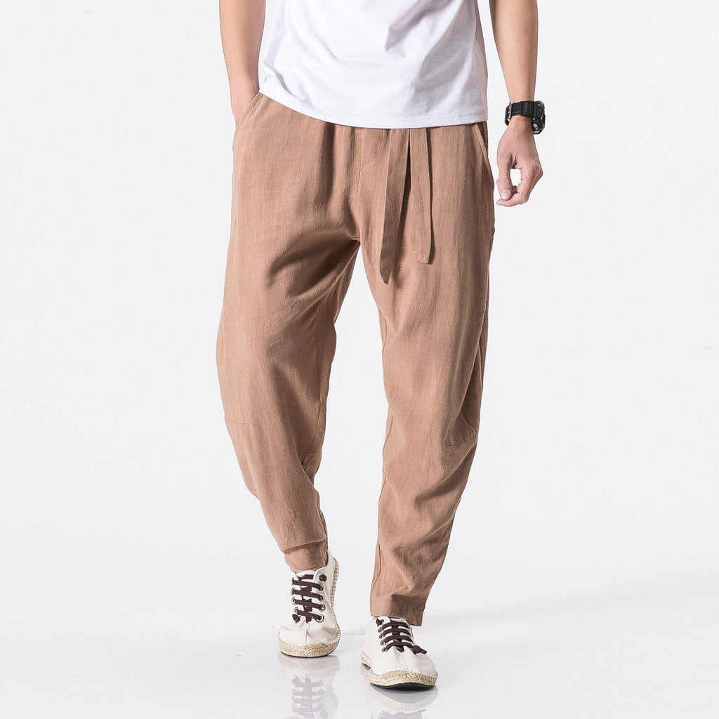 Herren nan entspannte Leinen-Baumwoll Harem-Joggerhose mit verdecktem Tunnelzug und tapered Bein