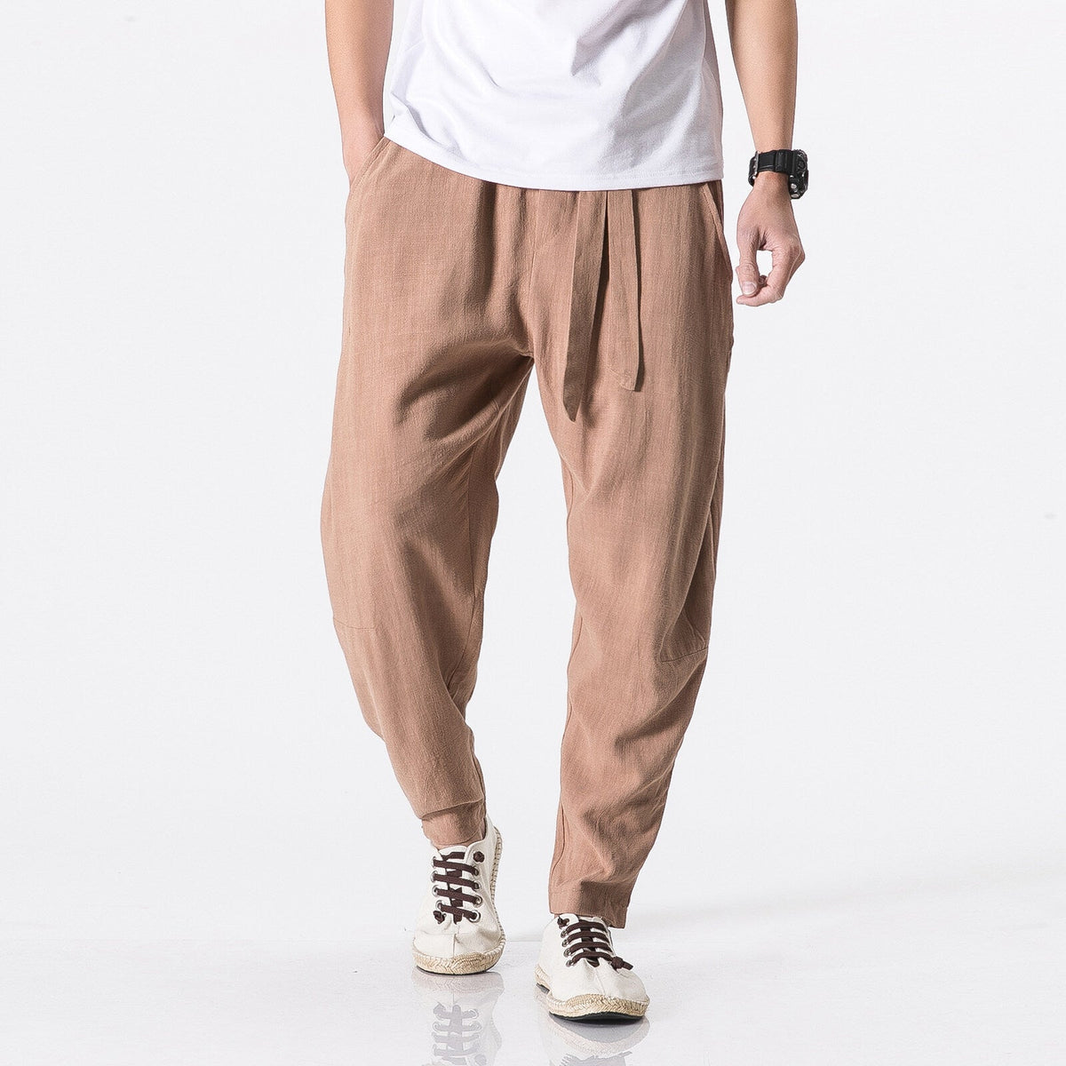 Herren nan entspannte Leinen-Baumwoll Harem-Joggerhose mit verdecktem Tunnelzug und tapered Bein
