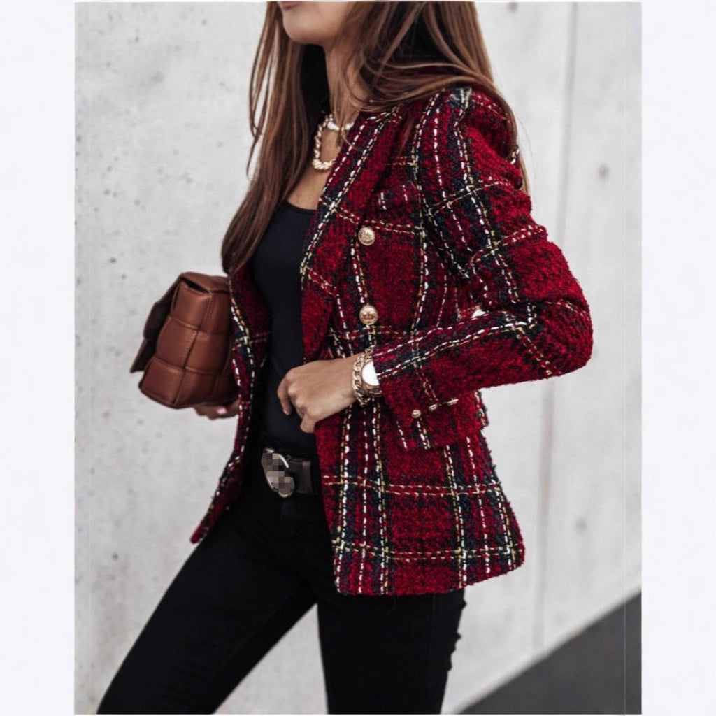 Damen nan eleganter Tweed-Blazer mit Doppelknopf, strukturierter Wung und aufgesetzten Taschen