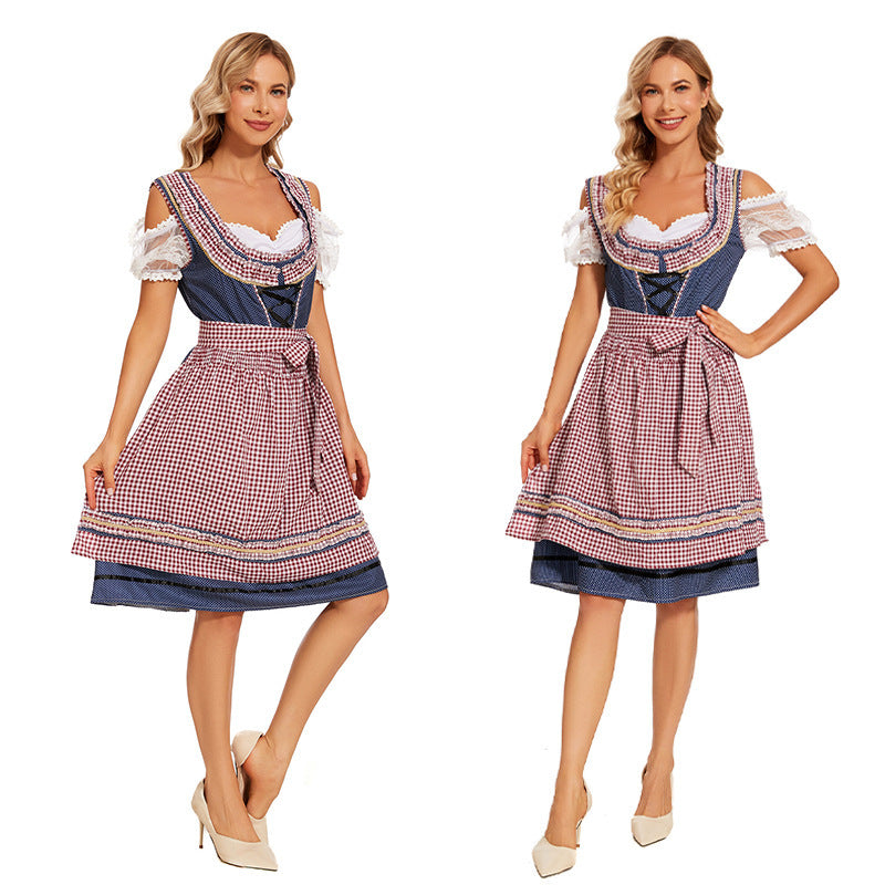 Damen nan traditionelles Trachtenkleid mit Schnürmieder, Spitzenärmeln und karierter Schürze