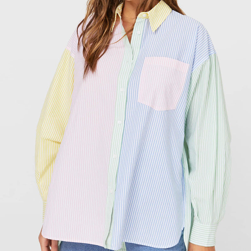 Damen nan oversized Hemdbluse mit Blockstreifen und Brusttasche