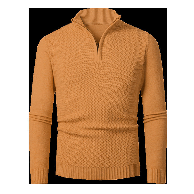 Herren nan Feinstrick-Halbzip-Pullover mit strukturierter Wellenoptik und Stehkragen