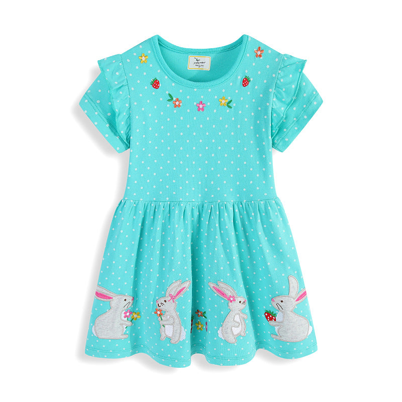 Mädchen Kurzarm Kleid mit verspieltem Hasen- und Blumenmotiv