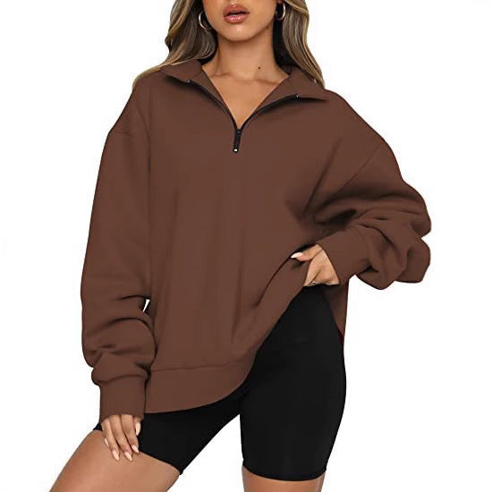 Damen nan oversized Sweatshirt mit halbem Reißverschluss, Stehkragen und überschnittener Schulter
