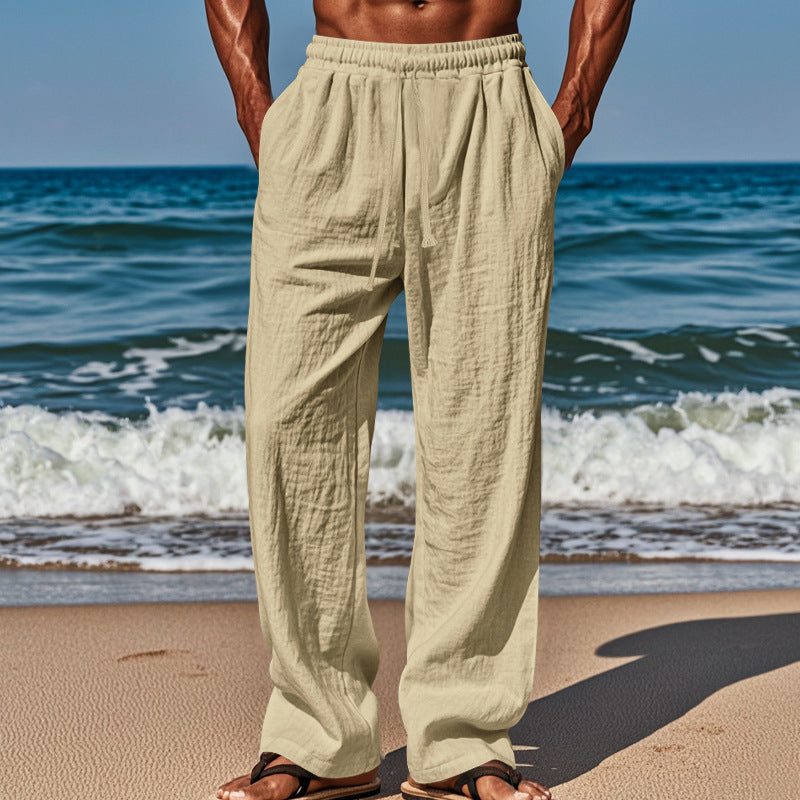 Herren nan maritime Freizeit-Leinenhose mit weitem Bein elastischem Tunnelzug und Bundfalten
