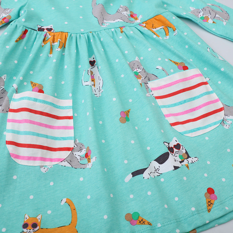 Mädchen Freizeitkleid mit verspieltem Katzenmotiv und praktischen Taschen