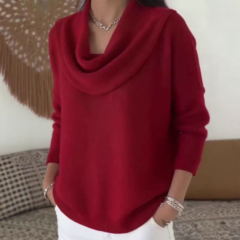Damen nan fein gestrickter Pullover mit Wasserfallkragen und geripptem Saum