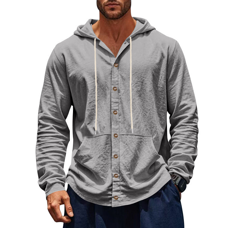 Herren nan figurbetonte Kapuzenhemd-Jacke aus Baumwollmix mit Druckknopfleiste und Kängurutasche