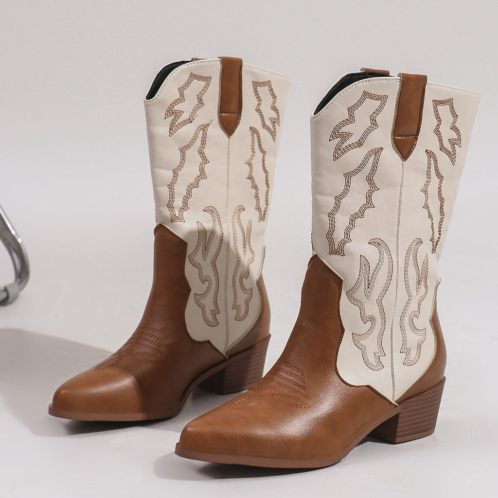 Damen nan Cowboystiefel im Westernstil mit mittelhohem Blockabsatz spitzer Zehenkappe und dekorativer Stickerei