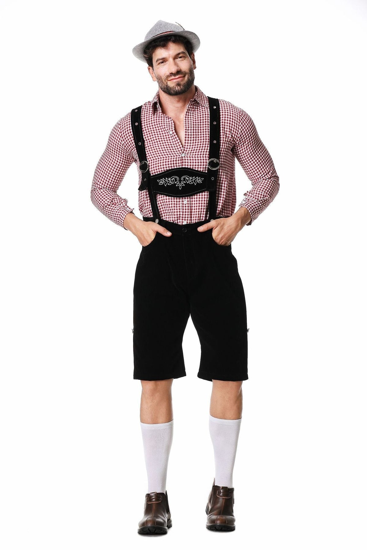 Herren nan kurze Trachtenlederhose in Veloursleder-Optik mit besticktem Brustlatz und verstellbaren Trägern