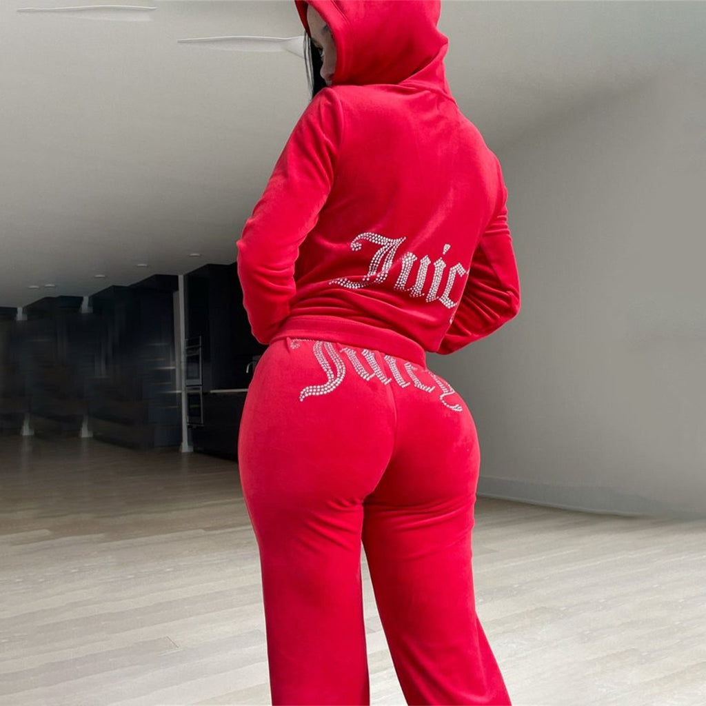 Damen nan luxuriöser Velours Trainingsanzug mit Reißverschlussjacke und Jogginghose