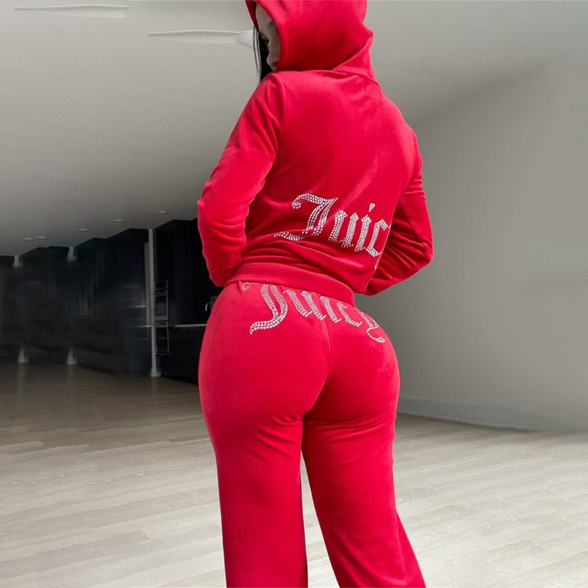 Damen nan luxuriöser Velours Trainingsanzug mit Reißverschlussjacke und Jogginghose