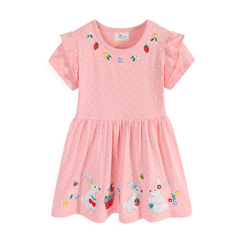 Mädchen Tüllkleid mit niedlichen Hasen- und Blumenstickereien