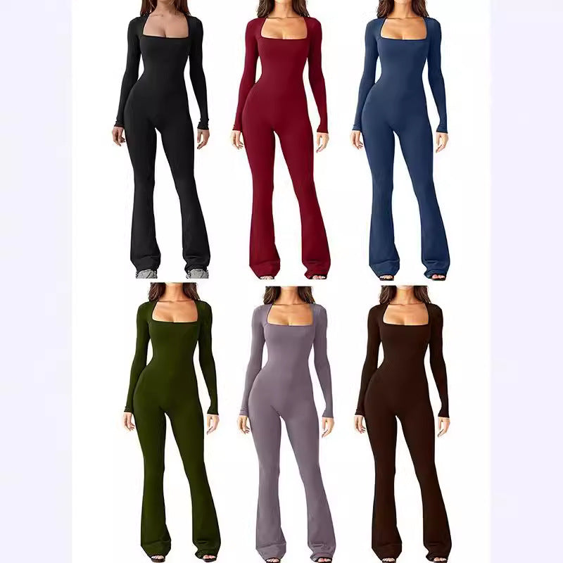 Damen nan figurbetonter Langarm-Jumpsuit mit quadratischem Ausschnitt und ausgestellter Schlaghose