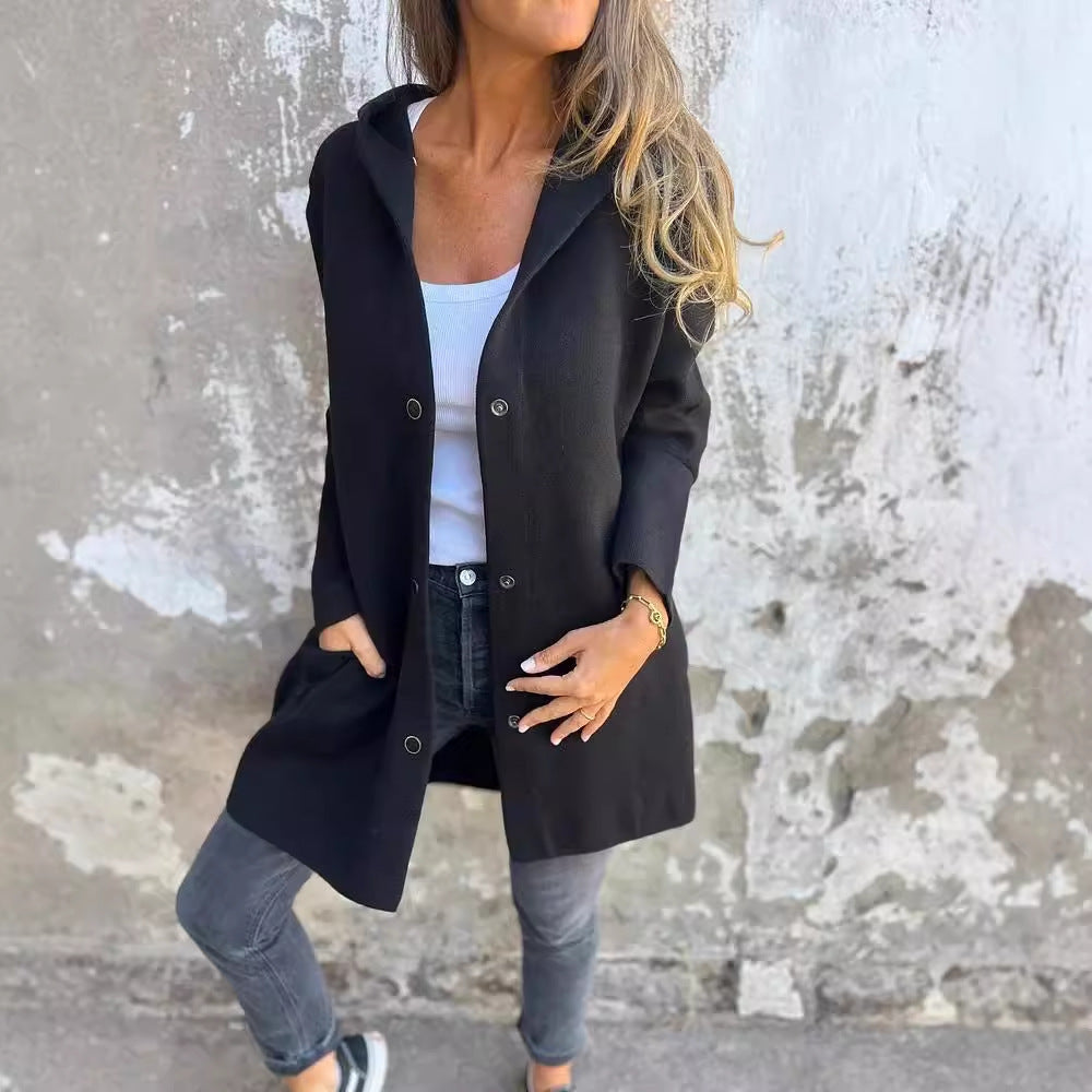 Damen nan Kapuzenmantel mittellanger Baumwollmix mit Druckknopfleiste und Eingrifftaschen