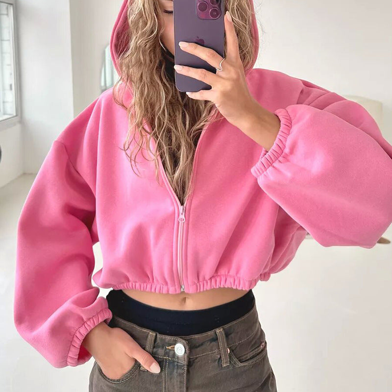 Damen nan oversized Kapuzenjacke kurz geschnitten mit elastischem Saum und Ballonärmeln