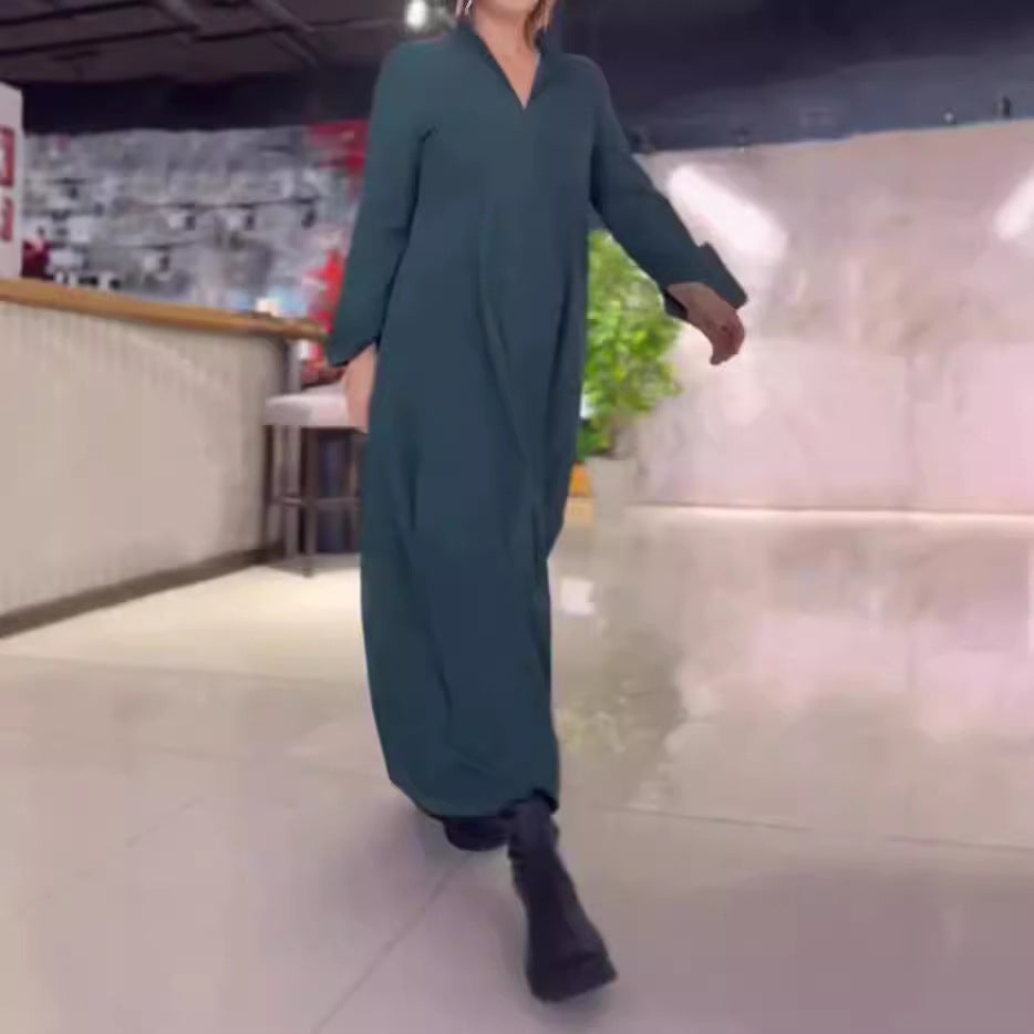 Damen nan fließendes Maxikleid mit V-Ausschnitt, kastiger A-Linie und langen Ärmeln
