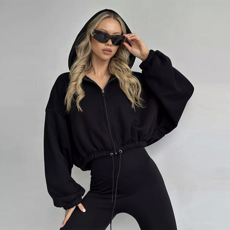 Damen nan kurzes Oversize-Kapuzensweatshirt mit Halbzip und Kordelzugbund