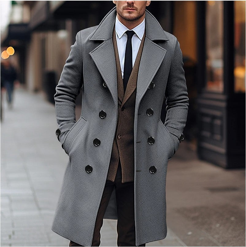 Herren nan eleganter doppelt geknöpfter Wollmantel mit breitem Revers und tailliertem Businessschnitt