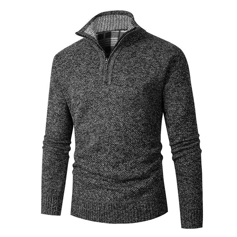 Herren nan grobgestrickter Halfzip-Pullover mit Stehkragen und karierter Krageninnenseite