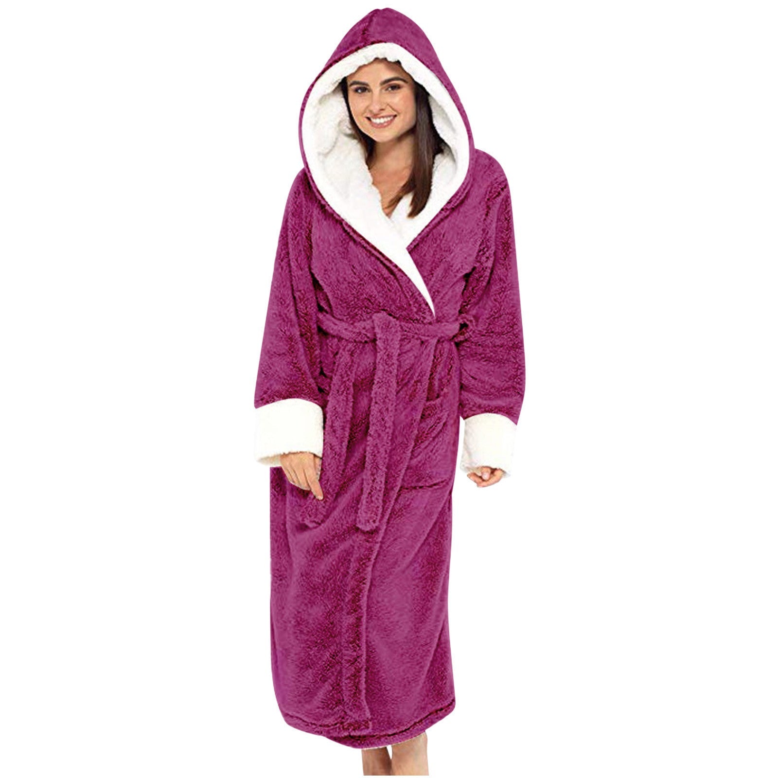 Damen Kuscheliger Fleece-Morgenmantel mit Kapuze und Gürtel Selmira