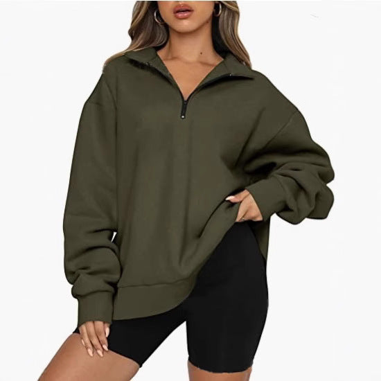 Damen nan oversized Sweatshirt mit halbem Reißverschluss, Stehkragen und überschnittener Schulter