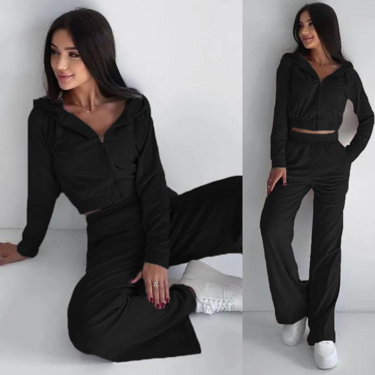 Damen nan kurz geschnittenes Thermo-Fleece-Set mit Halbfront-Reißverschluss und hohem Komfortbund