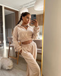 Damen nan kurzes Samt Trainingsset mit Reißverschluss Hoodie und weiter Bund Jogginghose