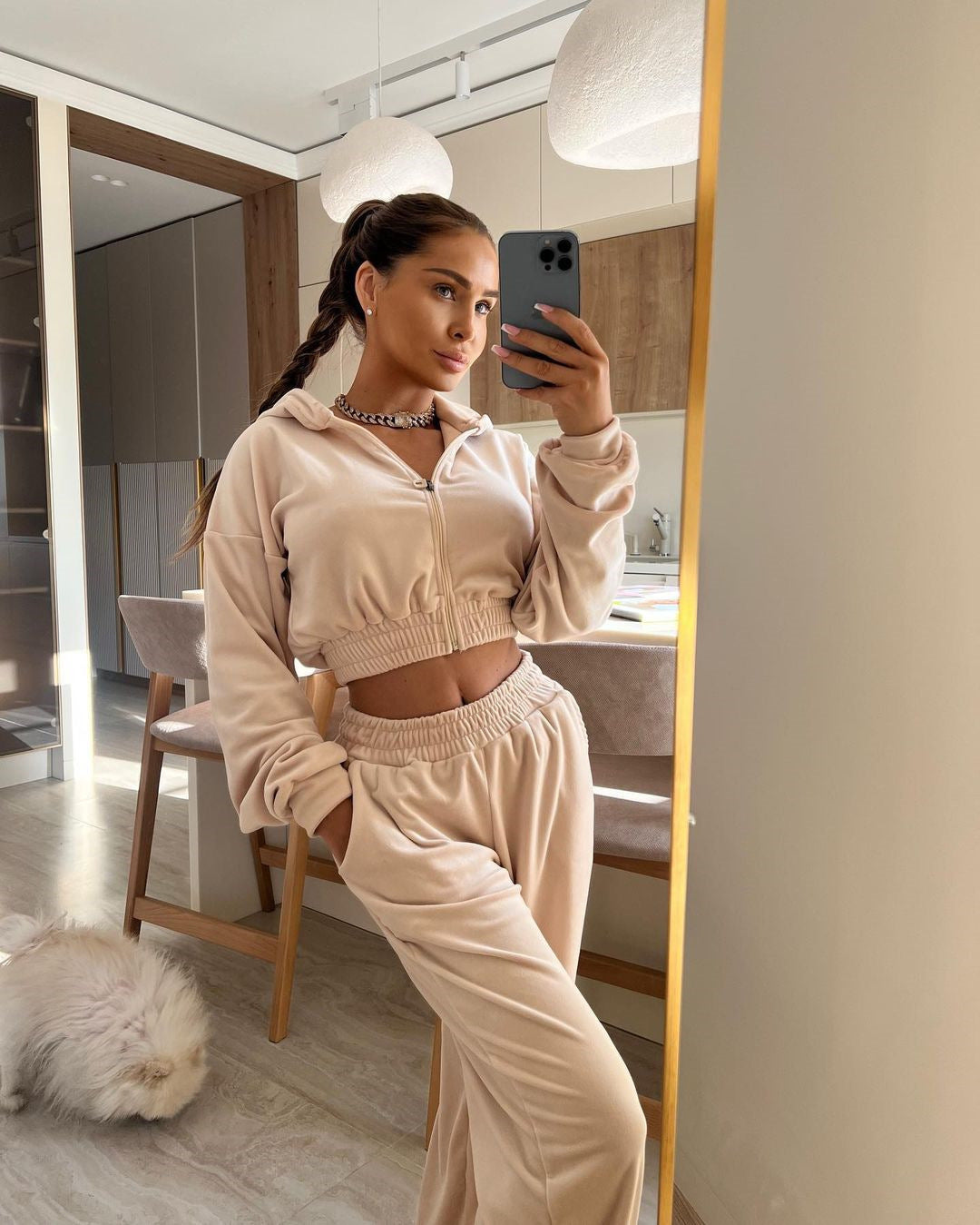 Damen nan kurzes Samt Trainingsset mit Reißverschluss Hoodie und weiter Bund Jogginghose