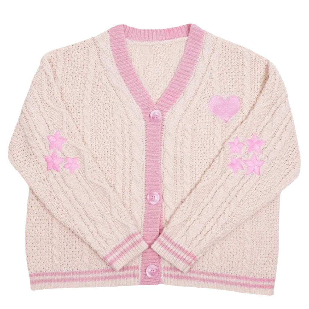 Damen nan gestrickte Cardigan mit Zopfmuster V-Ausschnitt und Herz- und Sternapplikationen